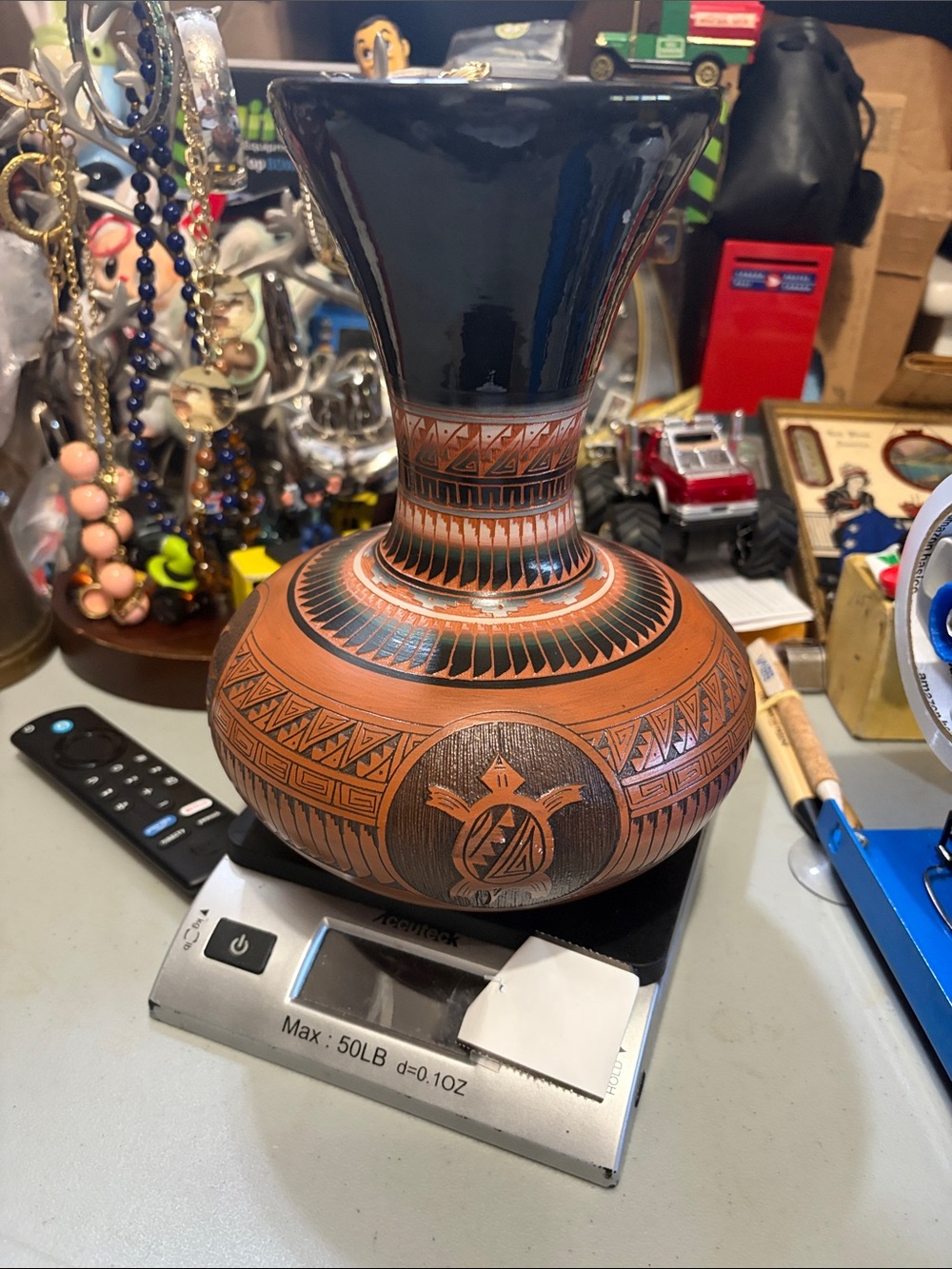 Handcrafted Terracotta Vase with Black Neck and Tribal Motif navjo design